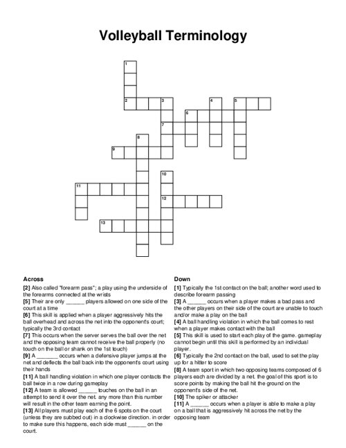 Volleyball Terminology Crossword Puzzle