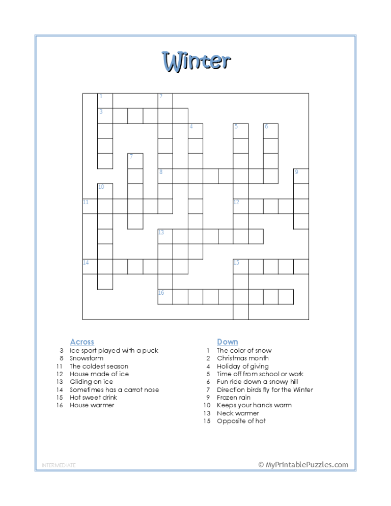 Winter Crossword Puzzle Advanced My Printable Puzzles