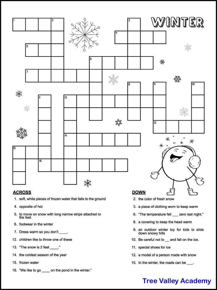 Winter Themed Crossword Puzzle For 3rd Grade Kids