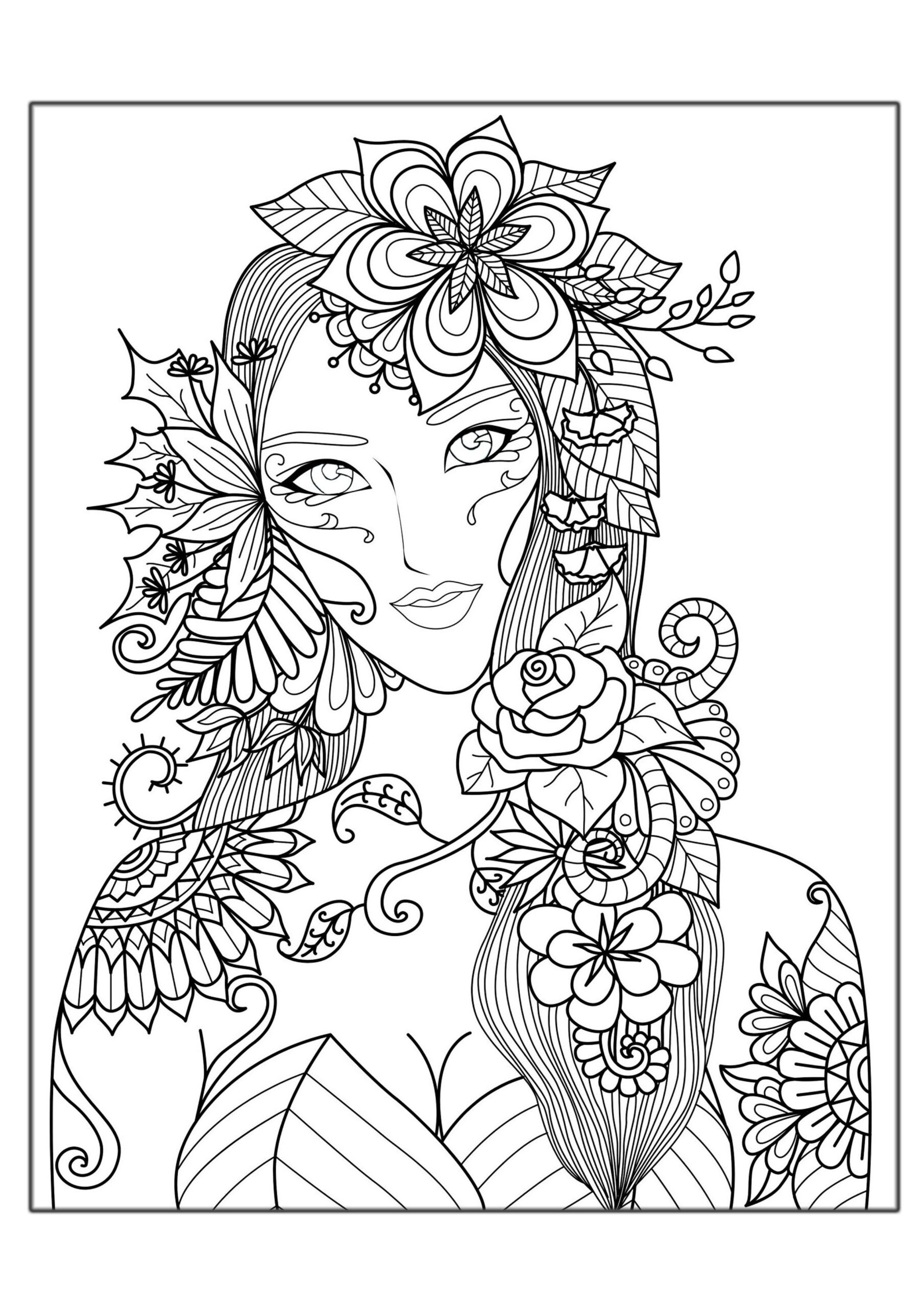 Woman Flowers Anti stress Zen Coloring Pages